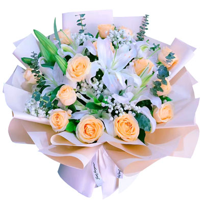 梅州16朵香槟玫瑰2支百合，爱的温暖和幸福