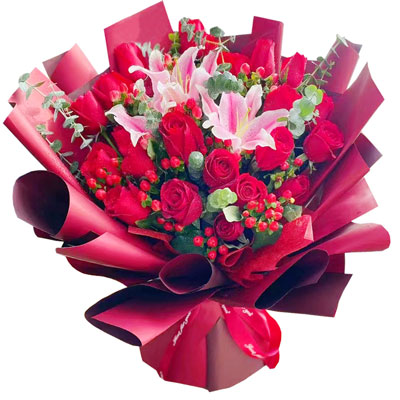 梅州22朵红玫瑰百合，爱的火焰