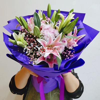 梅州6支粉色多头百合，真诚的问候